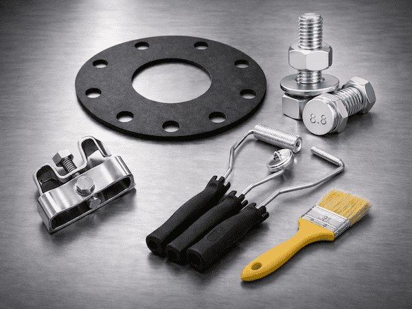 FRP piping accessories and hardware including gasket, bolts, clamps and installation tools for composite piping systems