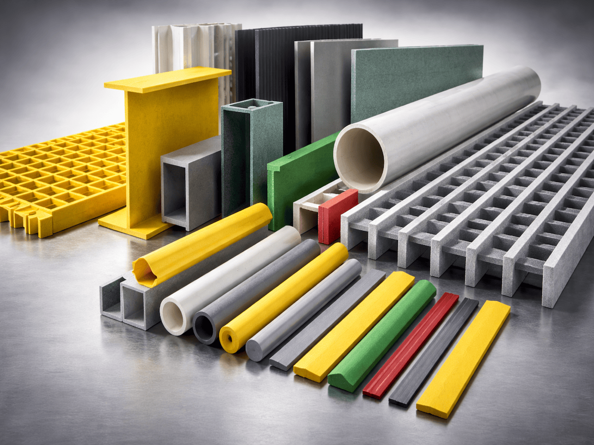 Pultruded FRP products including fiberglass grating, structural profiles, rods, and composite panels for industrial applications