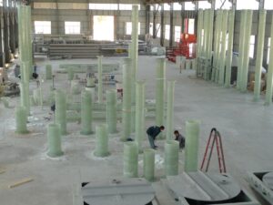 FRP pipe spool fabrication workshop, fiberglass reinforced plastic piping manufacturing in factory