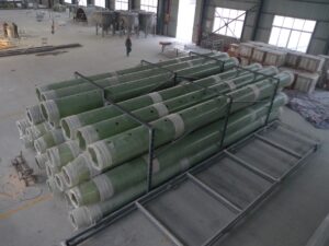 FRP straight pipe export packing for shipment, fiberglass reinforced plastic pipes secured on pallets in factory